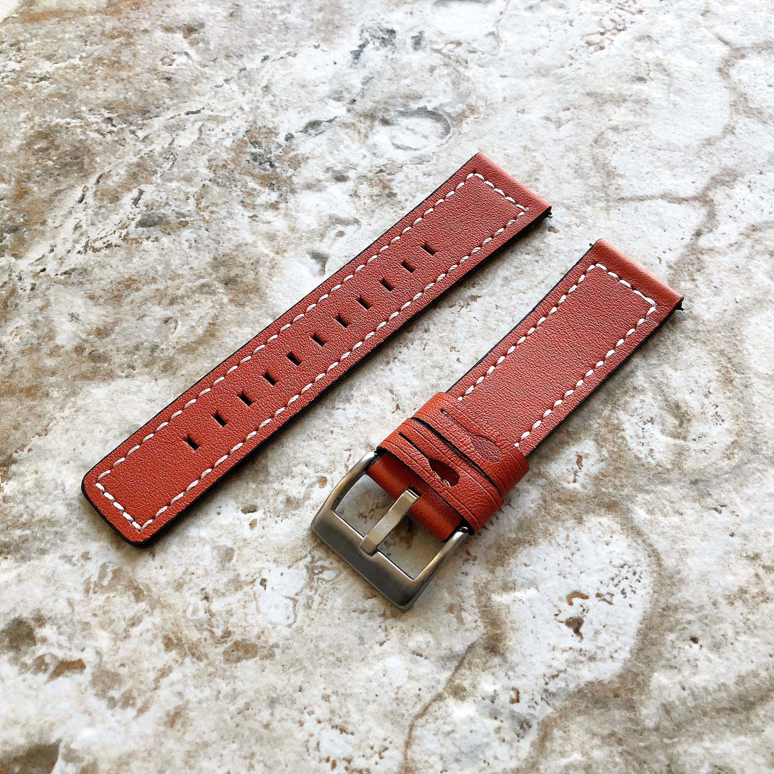 22mm Width Dark Orange Soft Leather Watch Strap Band Stitched for Wrist Hand Watches - Quick Release Pins Included Easy and Ready to Attach